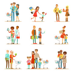 Fototapeta premium Families Shopping In Department Store And Shopping Mall Set Of Cartoon Characters Buying Products And Objects In The Shop