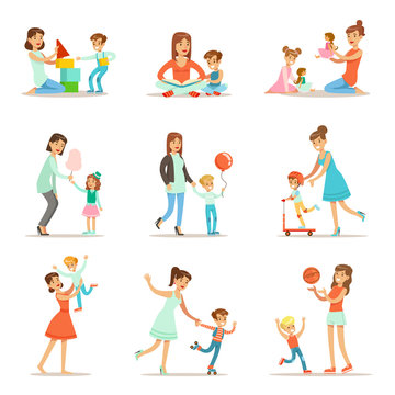 Loving Mother Playing And Enjoying Good Quality Mommy Time With Their Happy Children Set Of Cartoon Illustrations