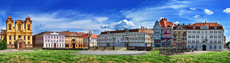  Panoramic view with historical buildings in Union square. Timisoara, Romania