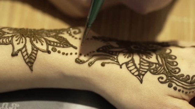 The master draws mehendi on the girl's hand. Process of drawing of mehendi on the woman's hand. Female hands with the drawing of mehendi. The young woman does the drawing of mehendi on the woman's
