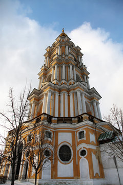 Veiw at belltower of Novospassky Monastery (New monastery of the Saviour) in Moscow, Russia
