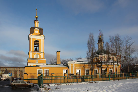 Veiw at belltower of Novospassky Monastery (New monastery of the Saviour) in Moscow, Russia