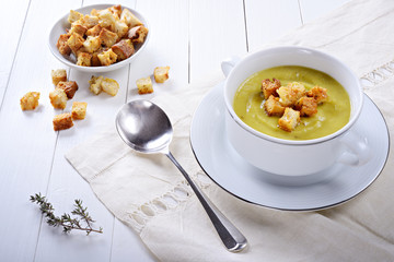Leek and potato soup with croutons