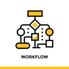 Linear workflow icon for startup business. Pictogram in outline style. Vector flat line icon suitable for mobile apps, websites and presentation - obrazy, fototapety, plakaty