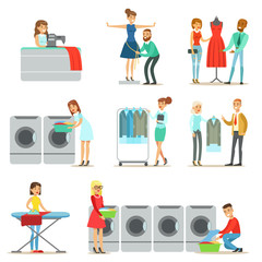 Fototapeta premium People At The Laundry, Dry Cleaning And Tailoring Service Collection Of Smiling Cartoon Characters
