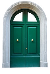 Entrance green door (metal door), isolated on white background.