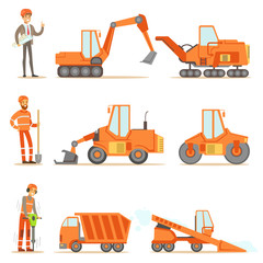 Smiling Road Construction And Repair Workers In Uniform And Heavy Trucks At Construction Site Set Of Cartoon Illustrations