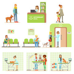 Smiling Cartoon Characters Bringing Their Pets For Vet Examination In Veterinary Clinic Set Of Illustrations