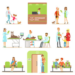 Smiling Cartoon Characters Bringing Their Pets For Vet Examination In Veterinary Clinic Collection Of Illustrations