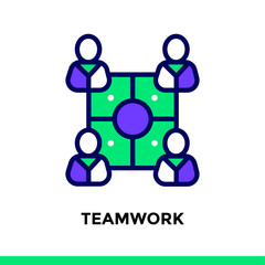 Linear teamwork icon for new business. Pictogram in outline style. Vector flat line icon suitable for mobile apps, websites and illustration