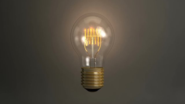 Slight Zoom in to a 3D Illustrated Floating Light Bulb Flickering and Turning On.  HD resolution.  7 seconds long.  