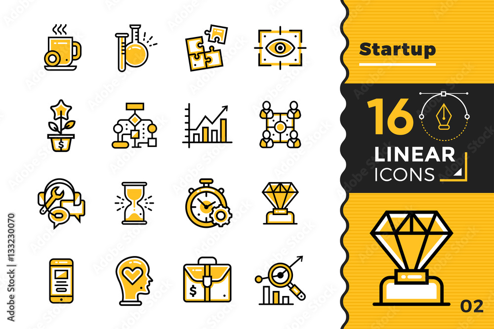 Poster vector set of linear icons for startup business. high quality modern icons for suitable for print, w