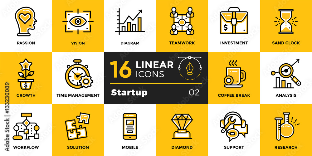 Poster vector set of linear icons for startup business. high quality modern icons for suitable for print, w