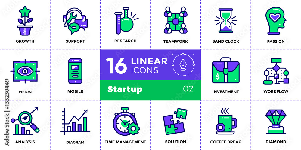 Poster vector set of linear icons for startup business. high quality modern icons for suitable for banners,