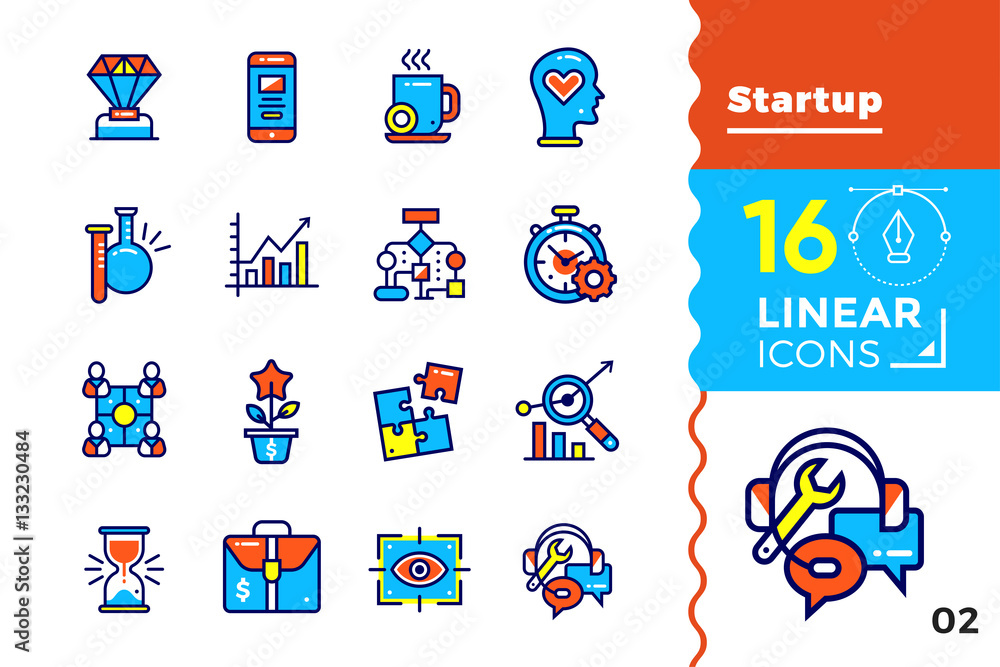 Poster vector set of linear icons for startup business. high quality modern icons for suitable for website,
