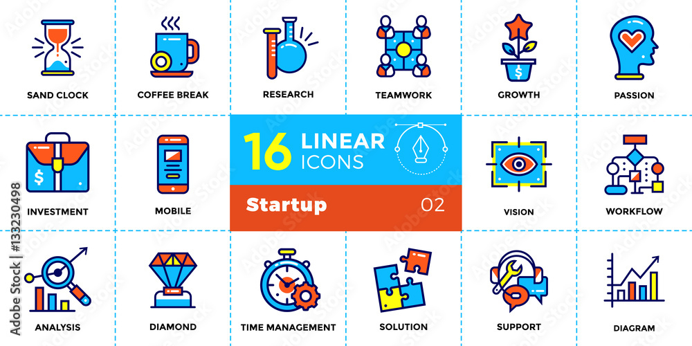 Poster vector set of linear icons for startup business. high quality modern icons for suitable for website,