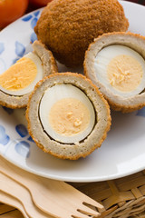 Scotch eggs a hard boiled egg wrapped in pork sausage meat and breadcrumbs and deep fried or baked 