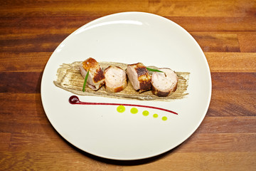 Chicken with mushrooms purre and lemon cream.