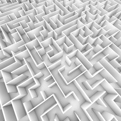 A large bright white walled maze / labyrinth from overhead. 3D illustration. Great for business concepts or motivational applications. 