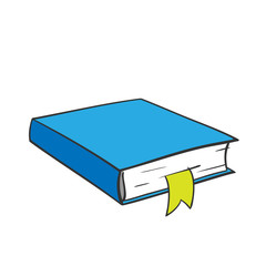 Cartoon blue book with yellow bookmark on white background. Vector graphics.
