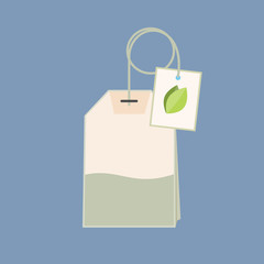 Flat style tea bag icon  with green leaf on a label. Vector graphics.
