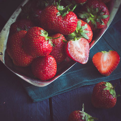 Ripe Strawberries  on dark wooden table background