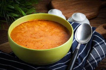 Homemade tomato soup with noodles.