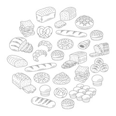 Bakery fresh bread collection doodle style vector illustration.