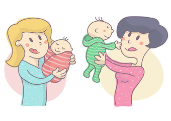 Young woman holding baby, set of two characters. Mother with small child, vector illustration on white background.