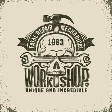 Repair Workshop Logo in Retro Style - Skull with Spanner and a Hammer. Textures and background on separate layers, easily disabled, easy to edit.