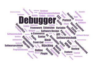 debugger - Wortwolke ( word cloud, wordcloud ) mit Begriffen aus dem Bereich Personalbeschaffung.