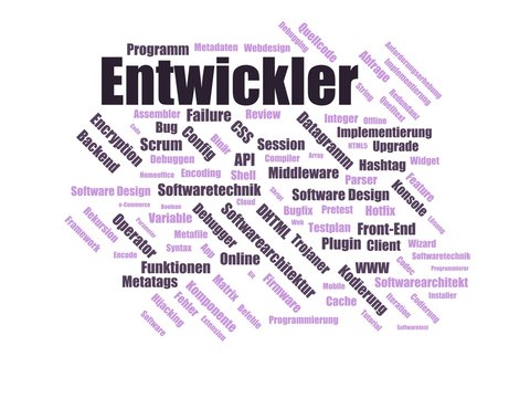 entwickler - Wortwolke ( word cloud, wordcloud ) mit Begriffen aus dem Bereich Personalbeschaffung.