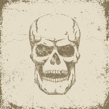 Vintage retro skull in grungy worn style. Textures and background on separate layers.