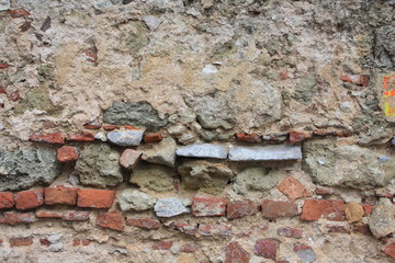 Old concrete wall with cracks and damage on gray stucco texture background