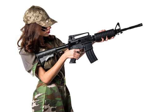 Military woman holding a rifle