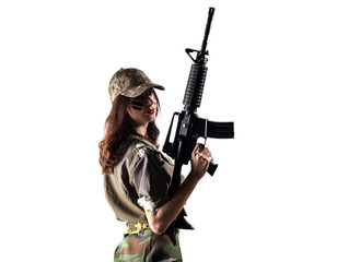 Military woman holding a rifle