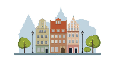 Urban landscape. Colorful facades of old houses. Vector illustra