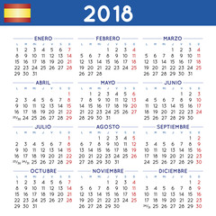 Year 2018 squared calendar spanish week starts on monday
