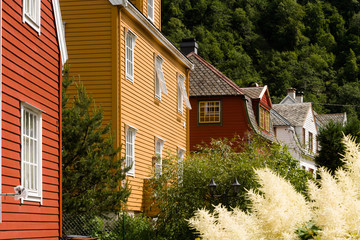 Colored houses at Sognefjord Hoyanger E39-55, Norway