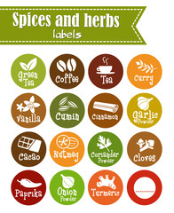 Fototapeta premium Spices, condiments and herbs web icon set illustration / Collection of herbs flat icon set / Spicy herbs silhouettes collection / Retro labels set for food packaging or Jar sticker kitchen design.