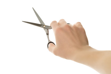 hairdresser holding in hand scissors for cutting hair isolated on white background