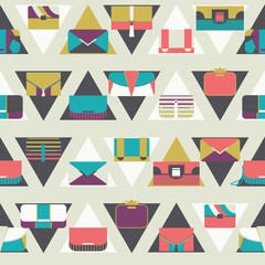 Seamless pattern with fashion bags and clutches in various shapes and sizes. Geometric vector illustration, based on dark and white triangles and women bags. Bright stylish design for fashion purposes