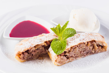 strudel  with jam and ice cream cold 