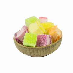 marshmallow with gelatin dessert in bowl wood isolated on white