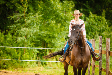 Cowgirl doing horse riding on countryside meadow