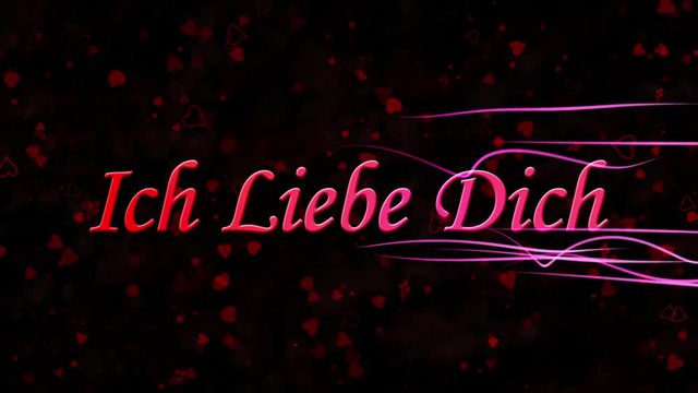 "I Love You" text in German "Ich Liebe Dich" formed from dust and turns to dust horizontally with moving stripes on black animated background
