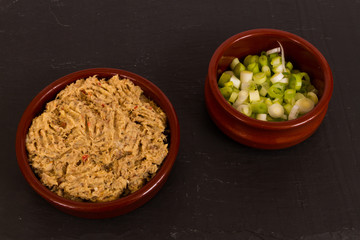 Smoked mackerel pate with side of spring onions