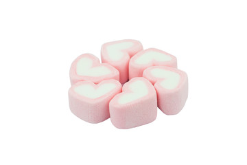 Pink heart shaped marshmallows isolated on white