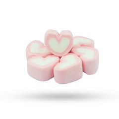 Pink heart shaped marshmallows isolated on white