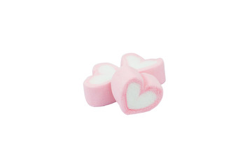 Pink heart shaped marshmallows isolated on white